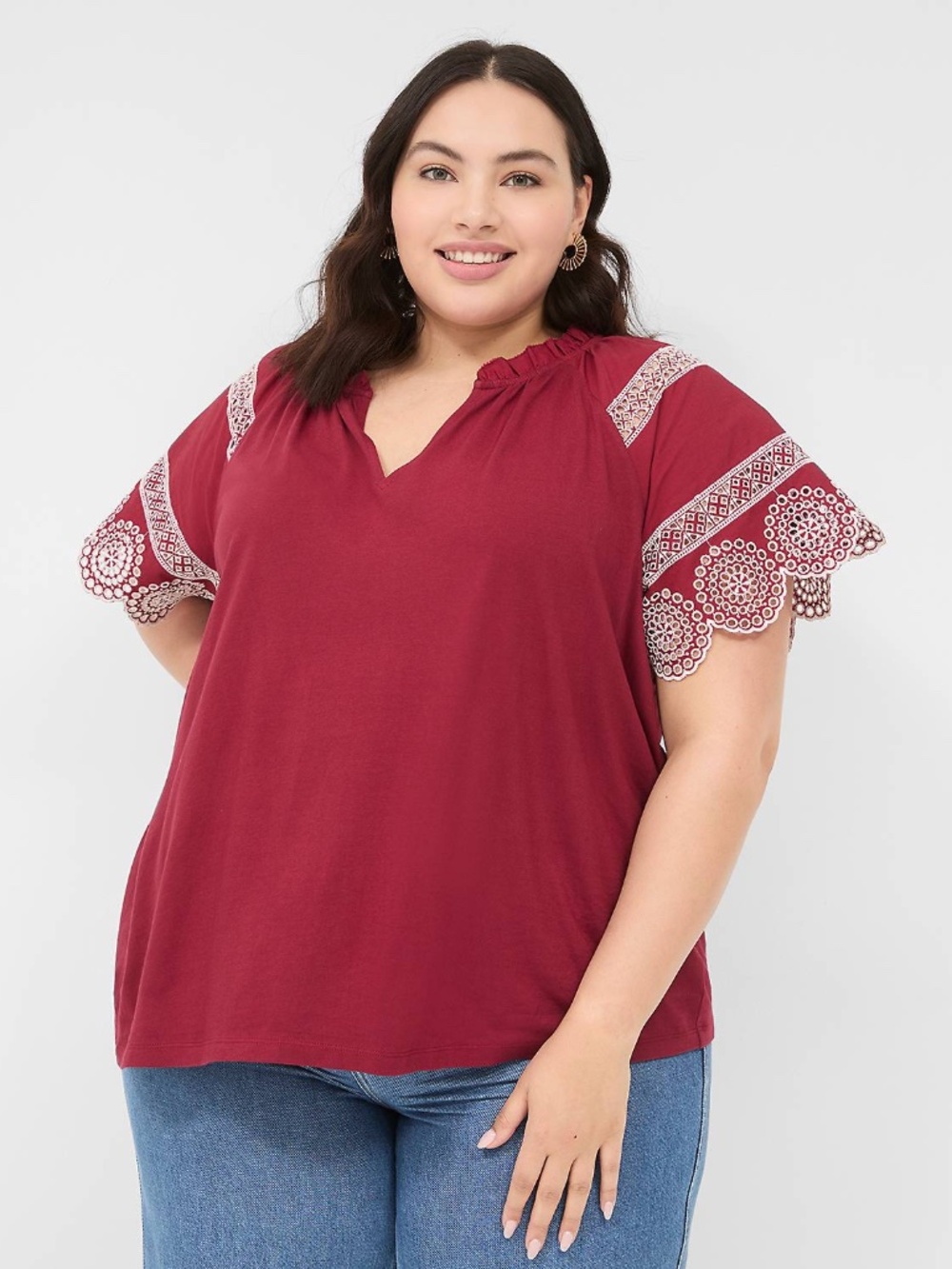 ✨Plus Size Split Neck Tee | Eyelet Detail Sleeves | Cotton 26/28 Top | EUC ✨